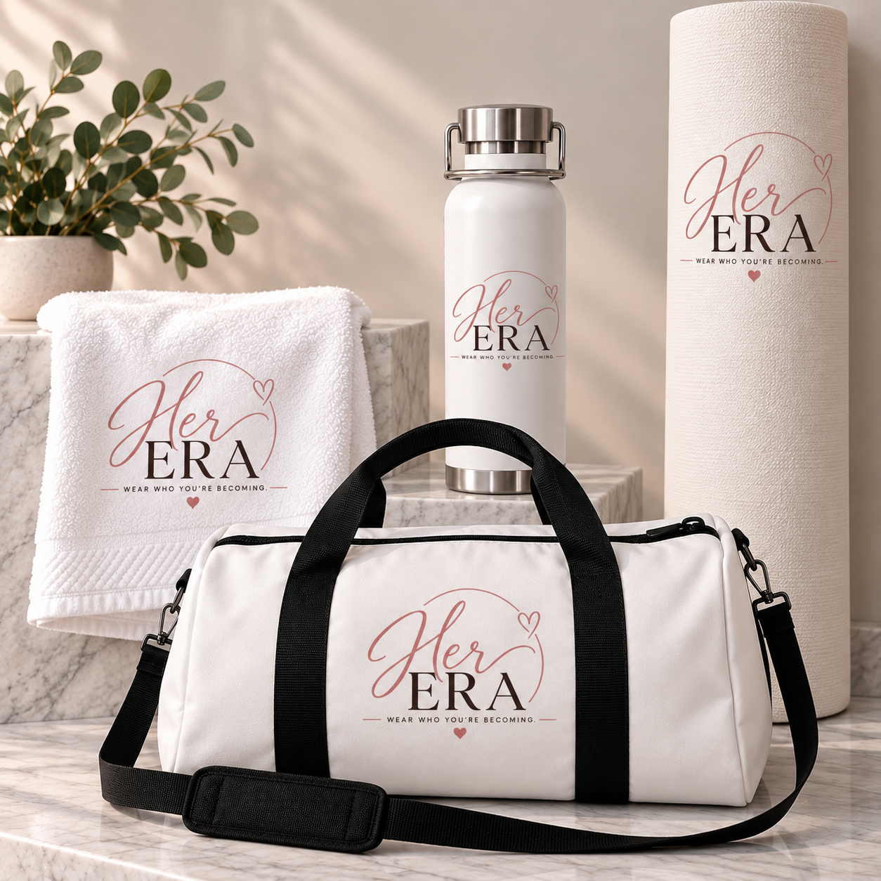 White Her Era duffel bag, water bottle, towel and yoga mat with logo